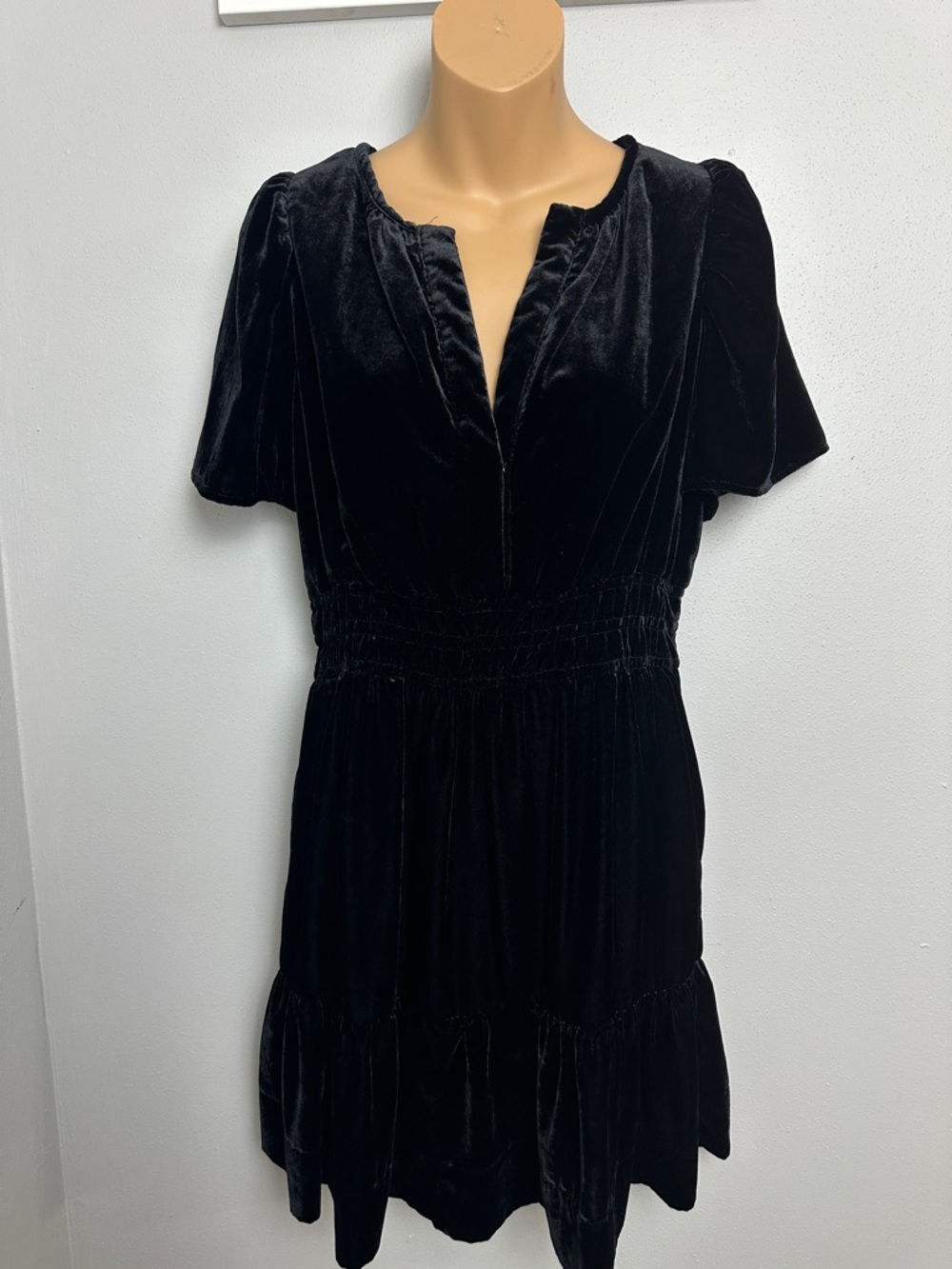 Anthropologie Black Velvet Short-Sleeve Mini Dress